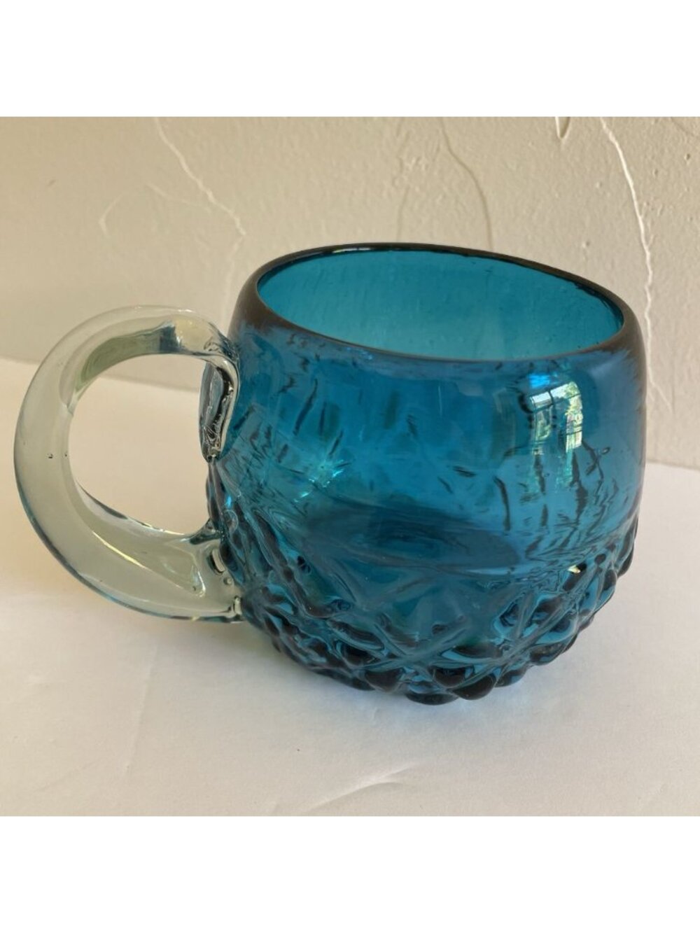 Blue Glass Hand Blown Coffee Mug Cup With Clear Glass Applied Handle 8oz - Picture 4 of 10